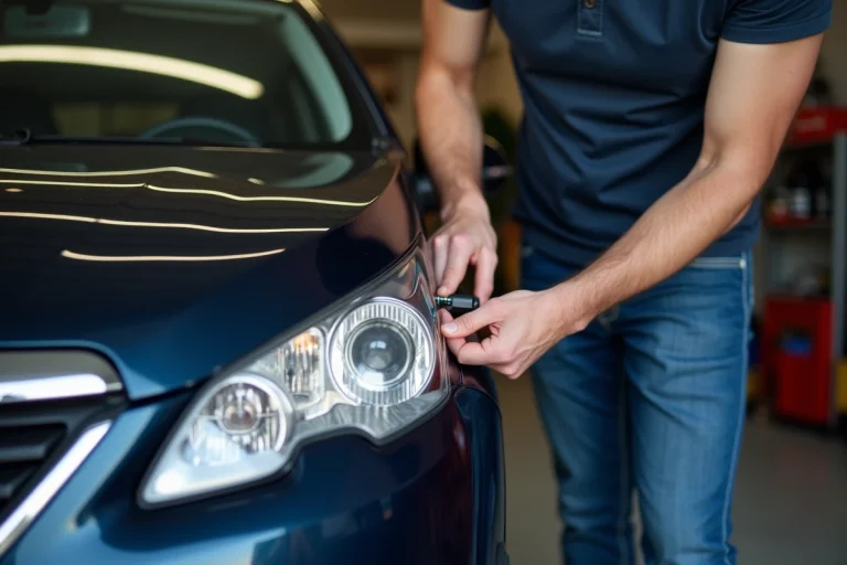 Homme en polo bleu changeant un phare de Peugeot 2008