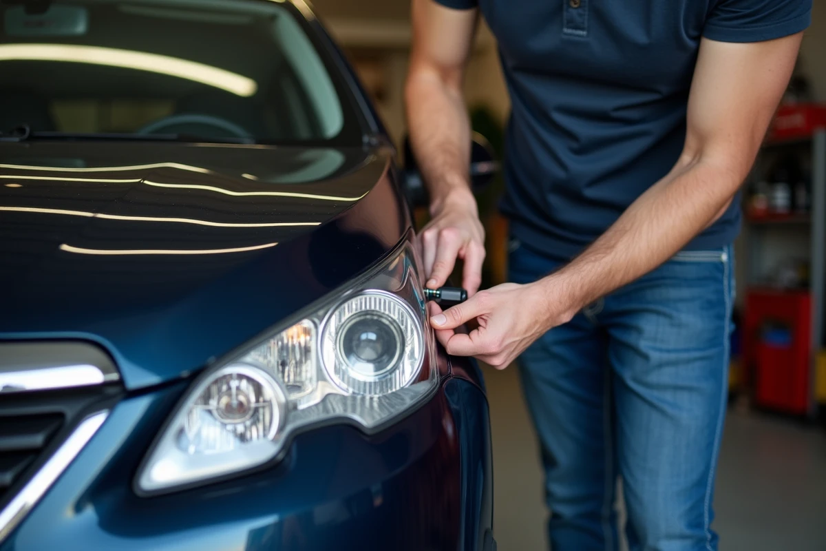 Homme en polo bleu changeant un phare de Peugeot 2008
