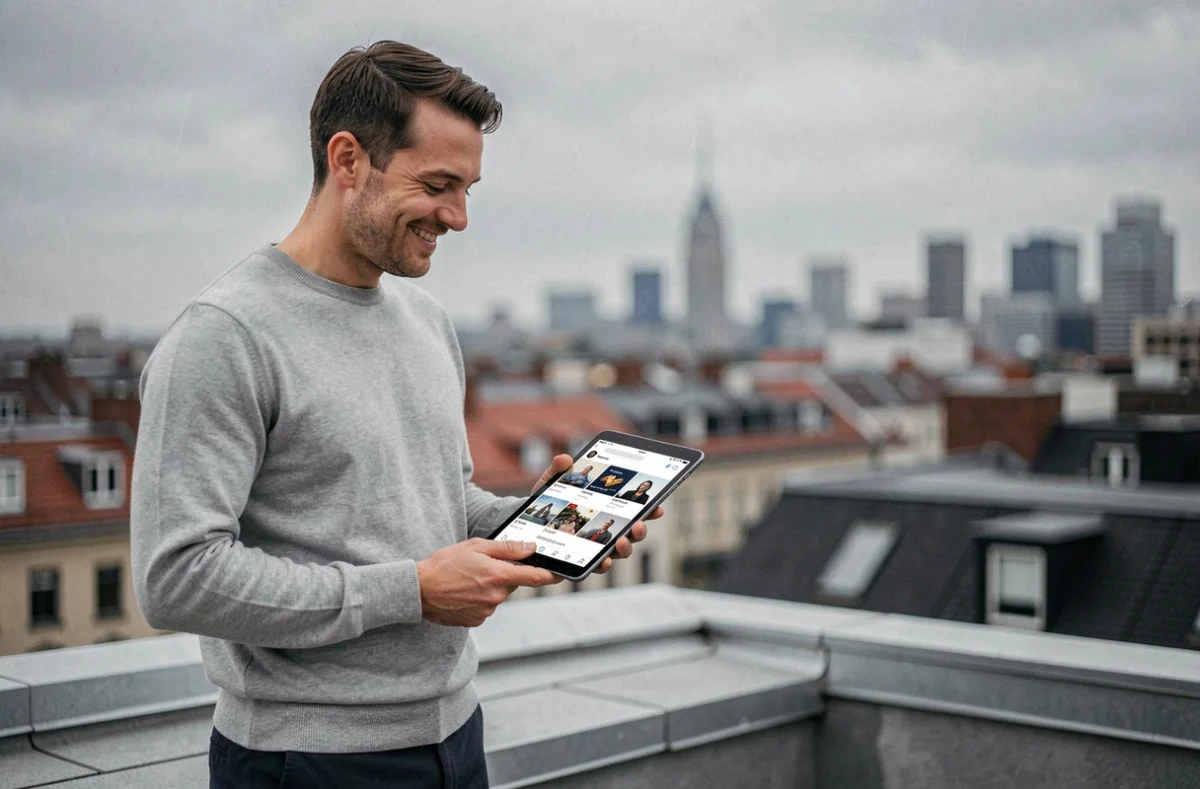 Homme consultant une grille de contenu marketing sur tablette depuis une terrasse urbaine