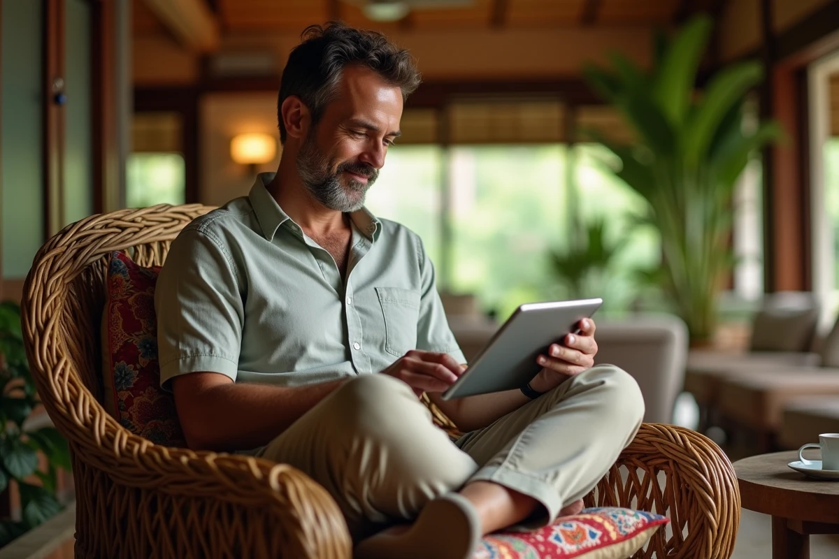 Homme consultant des itinéraires de voyage sur mesure sur une tablette dans un hôtel boutique en Asie du Sud-Est