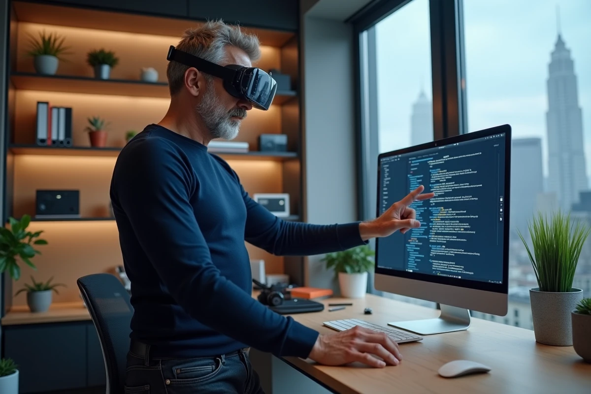 Homme utilisant un casque de réalité augmentée dans un bureau high-tech à domicile, innovation technologique