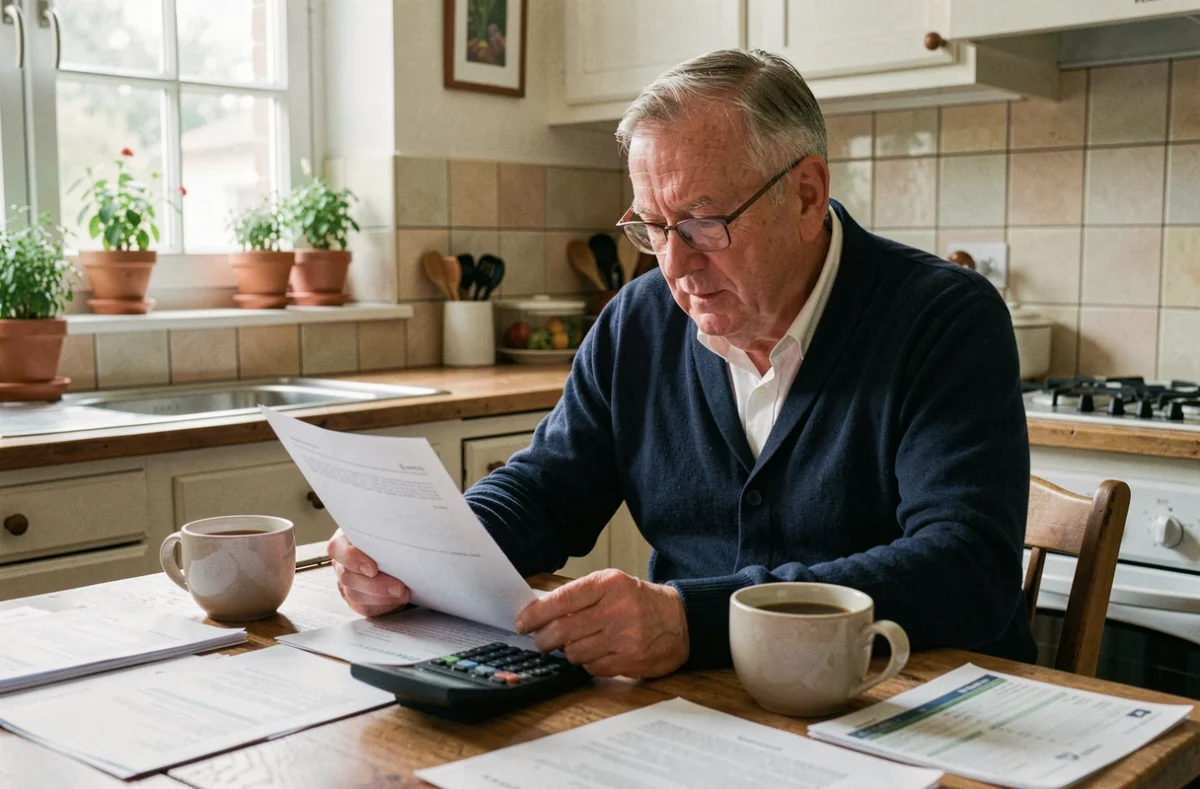 Homme retraité consultant ses documents de retraite et ses calculs financiers à la table de cuisine