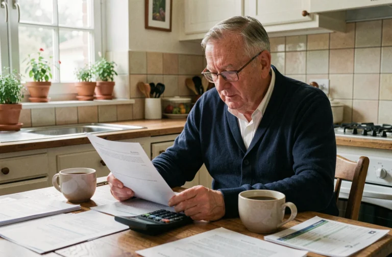 Homme retraité consultant ses documents de retraite et ses calculs financiers à la table de cuisine