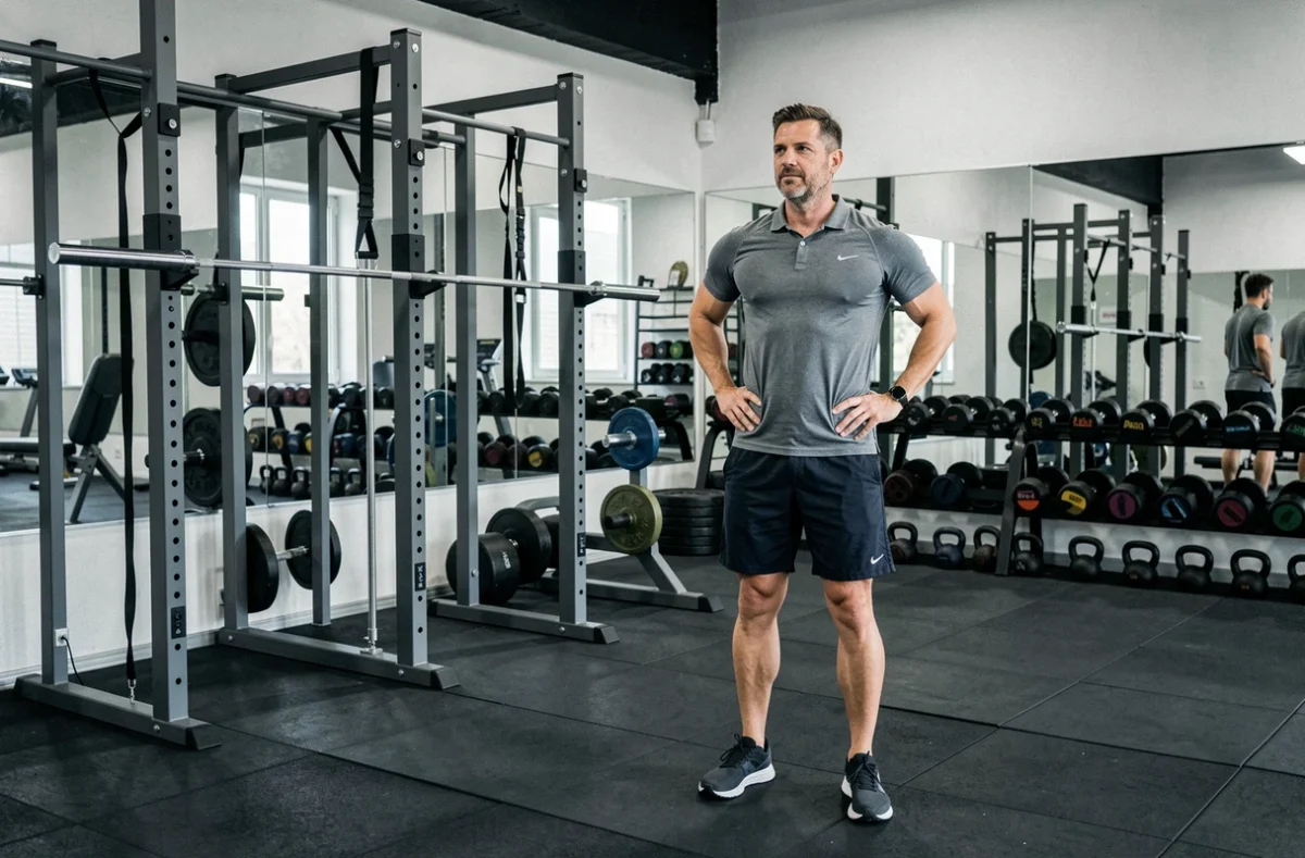 Homme s'étirant dans une salle de sport professionnelle entourée d'équipements de musculation modernes