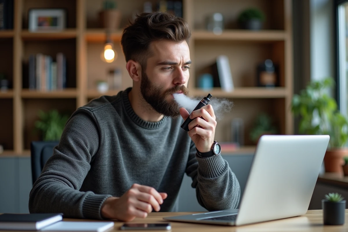 Homme utilisant une vape Puff 9K dans un bureau
