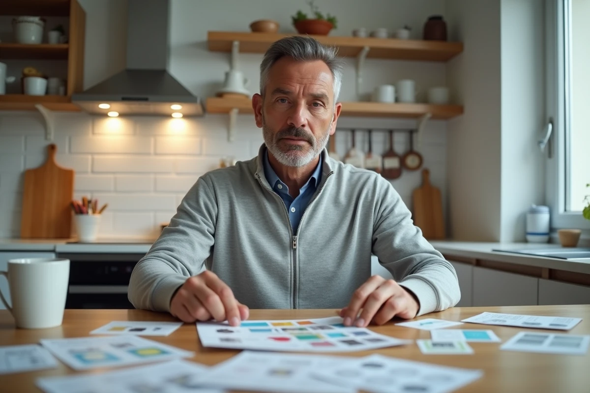 Homme organisant des vignettes et bons de réduction Intermarché sur une table de cuisine
