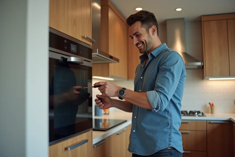 Homme installant un dispositif MyPizzaDoor Pro dans une cuisine moderne