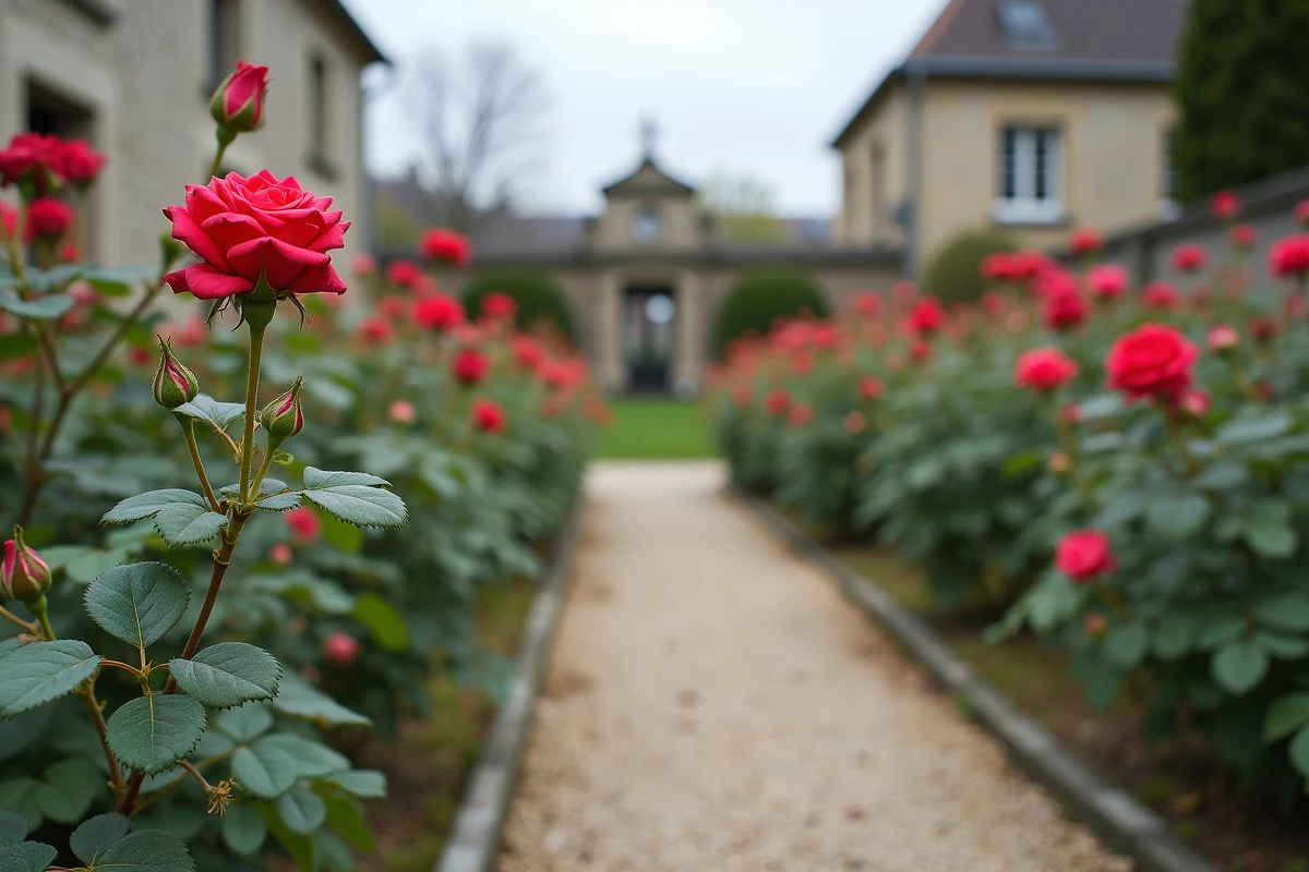 Vue d'ensemble d'un jardin de rosiers en printemps avec des yeux de rosier et nouvelles pousses visibles