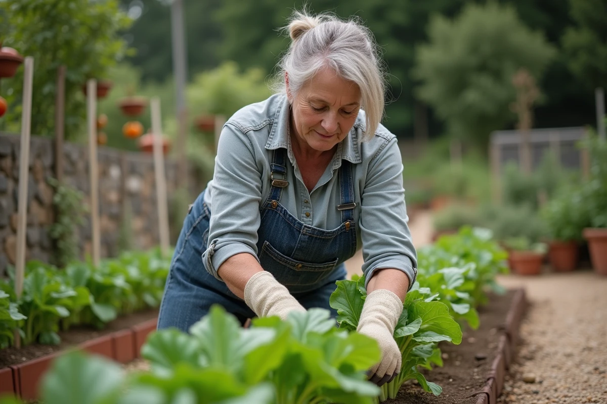 Jardinière entretenant une rangée de blettes et de tomates dans un potager de style rustique français
