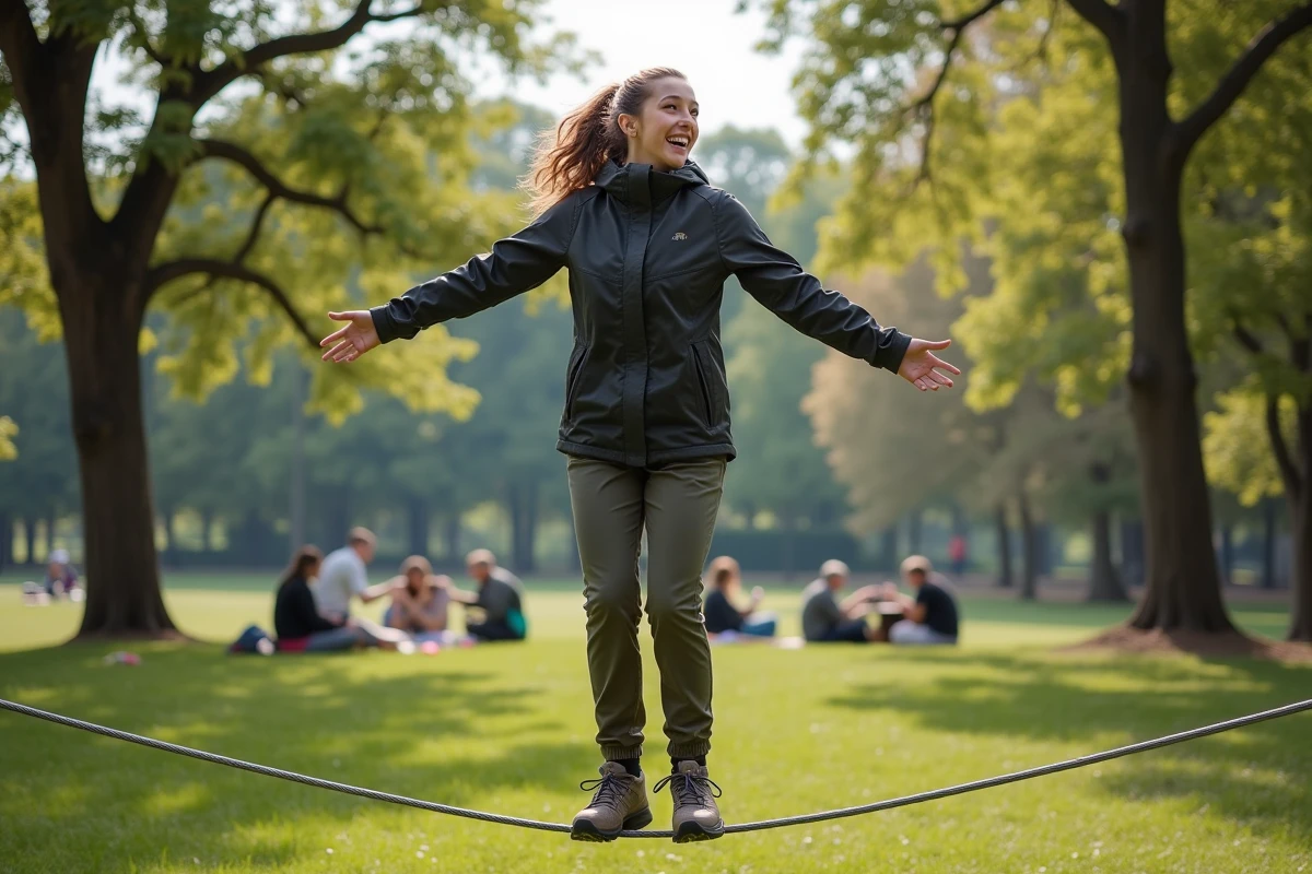 Jeune femme équilibrant sur une slackline dans un parc