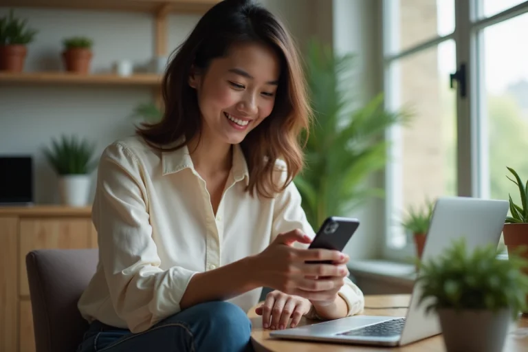 Jeune femme utilisant un smartphone dans un bureau à domicile
