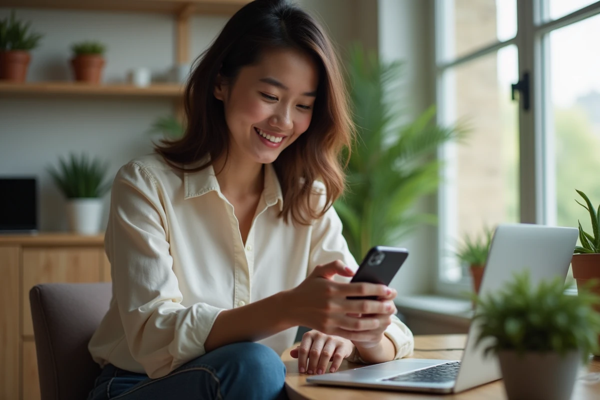 Jeune femme utilisant un smartphone dans un bureau à domicile
