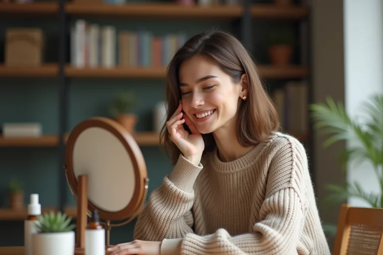 Jeune femme appliquant un serum visage dans un cadre cosy