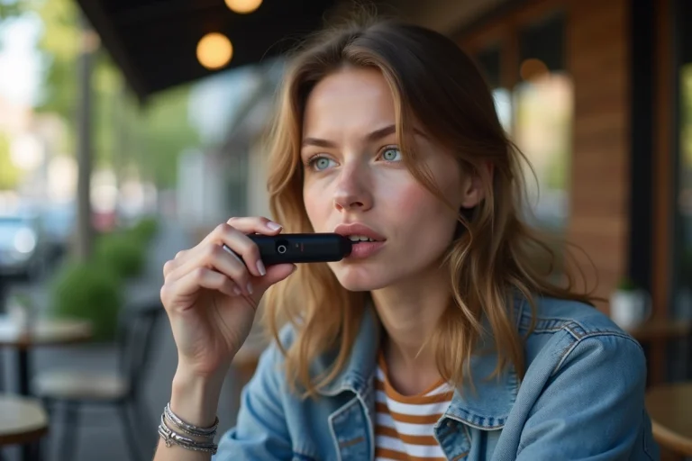 Jeune femme avec vape Puff 9K en extérieur