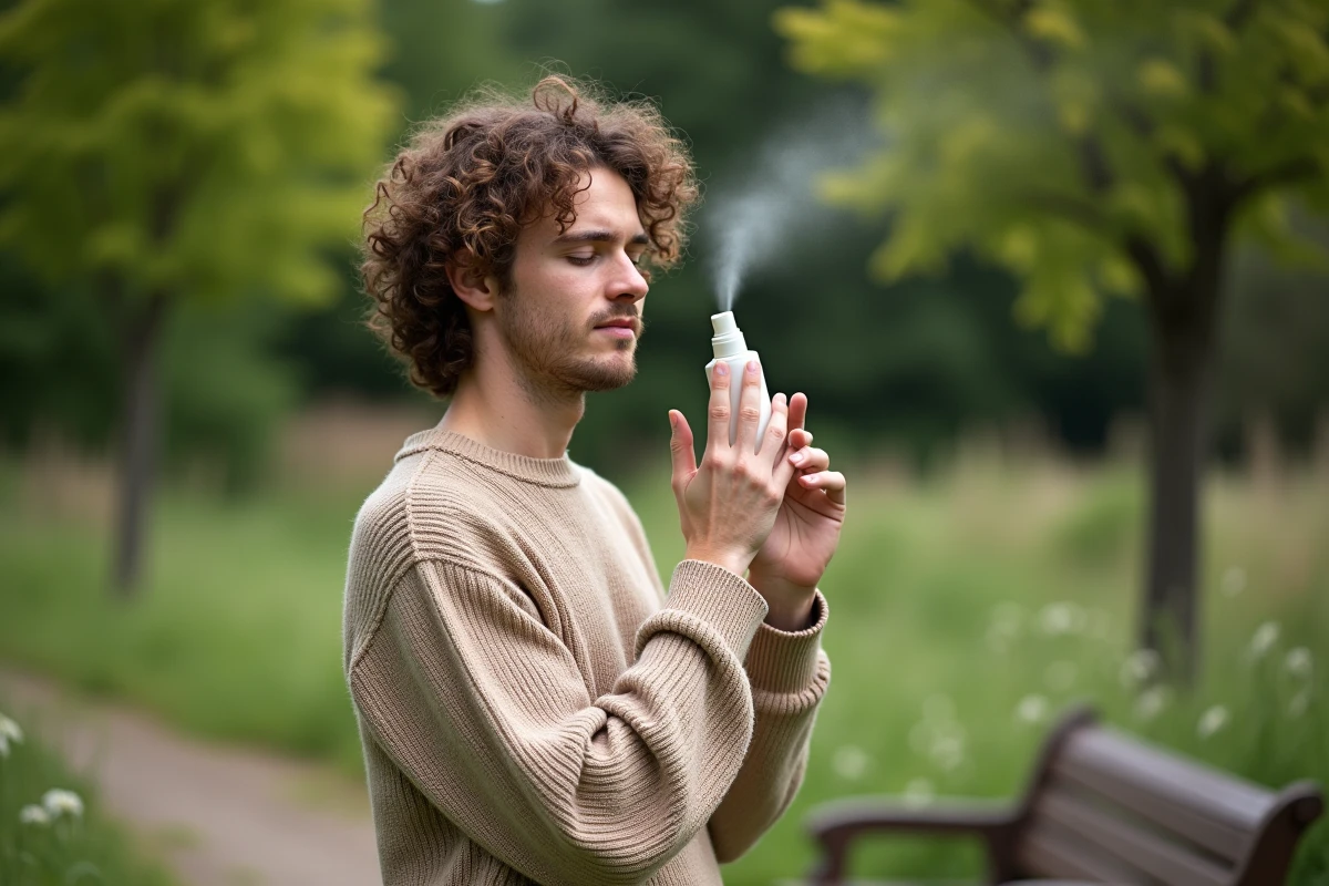 Jeune homme vaporisant une brume dans un parc verdoyant