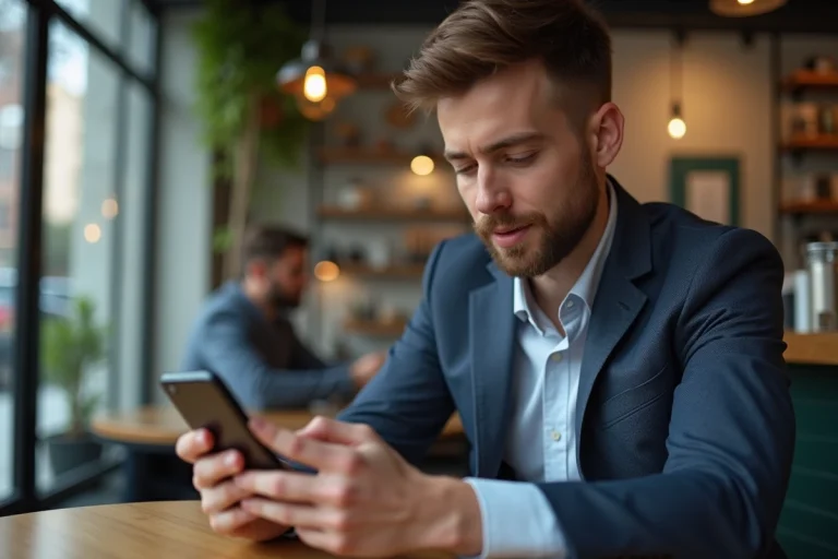 Jeune homme professionnel effectuant un paiement en ligne avec smartphone