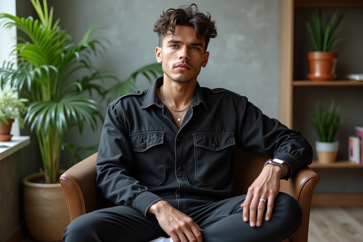 Jeune homme assis dans un appartement moderne avec jumpsuit