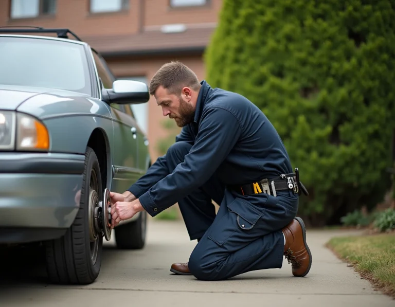 Mécanicien mobile inspectant les freins d'une voiture garée dans une allée résidentielle