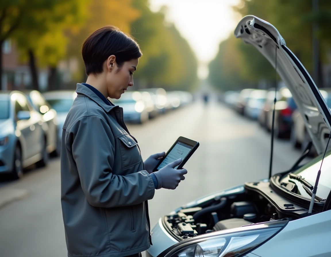 Mécanicienne mobile utilisant une tablette de diagnostic sur une voiture à domicile dans une rue résidentielle