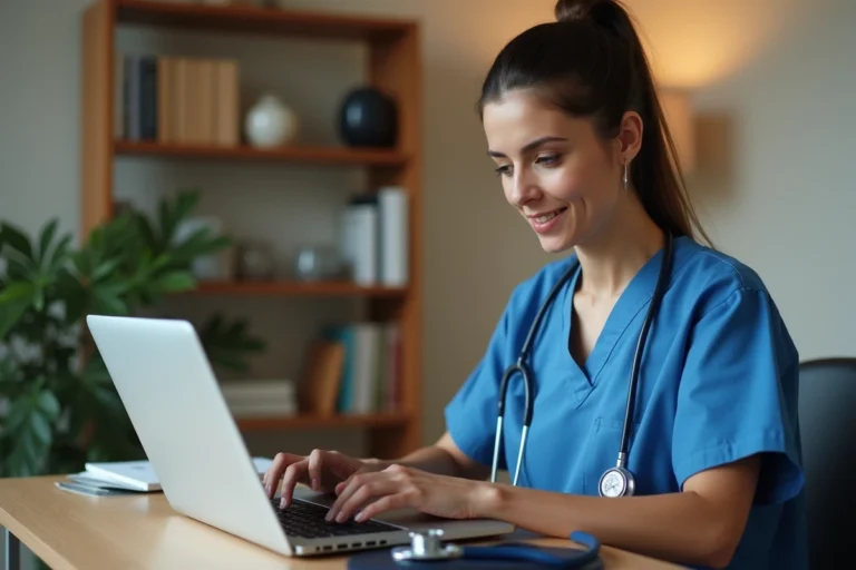 Professionnelle de santé du CHU de Reims accédant à sa messagerie Zimbra sécurisée depuis son domicile sur un ordinateur portable