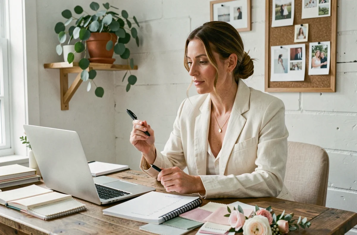 Femme planifiant un mariage sans stress à son bureau avec carnets, échantillons de tissus et ordinateur portable