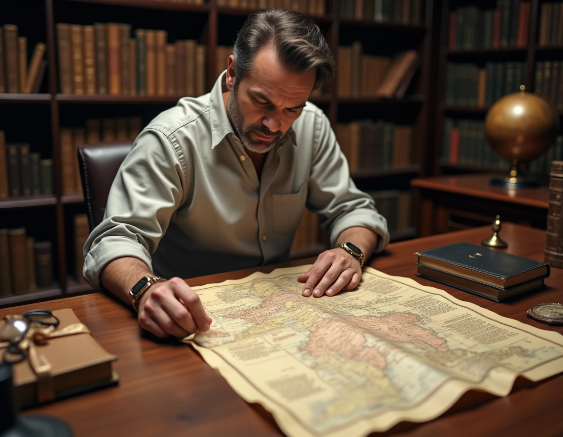 Homme examinant un arbre généalogique manuscrit ancien entouré d'archives familiales dans une bibliothèque personnelle