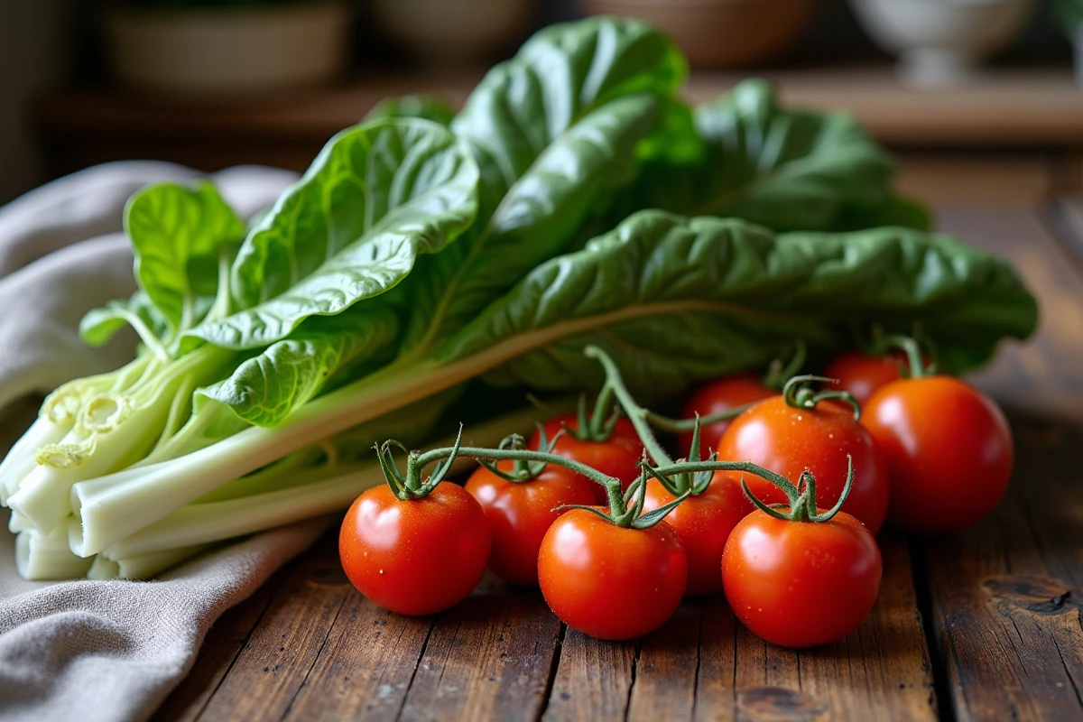 Récolte de blettes et de tomates fraîches posées sur une table en bois rustique dans une cuisine de ferme