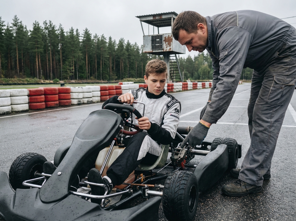 Jeune pilote et mécanicien effectuant une révision technique complète d'un kart sur le circuit avant la reprise