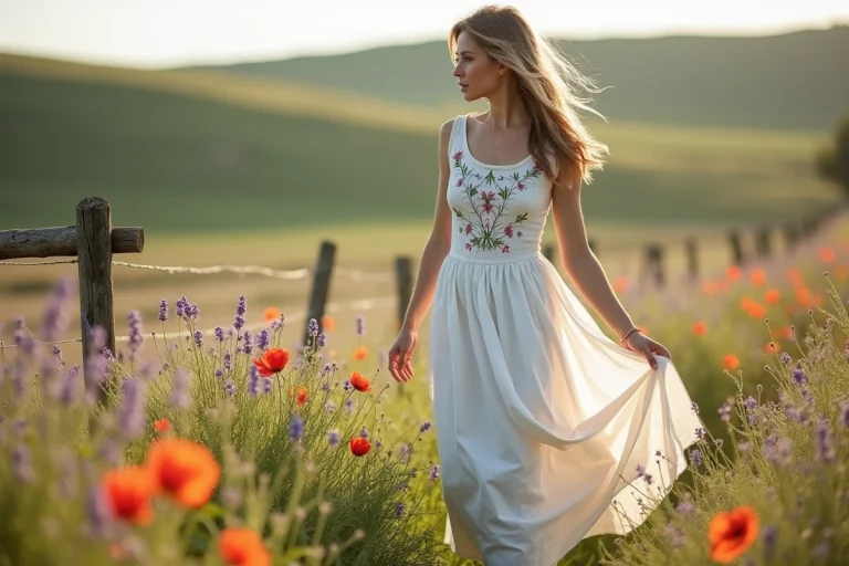 Femme portant une robe en coton biologique brodée de motifs floraux dans une prairie de fleurs sauvages en pleine nature