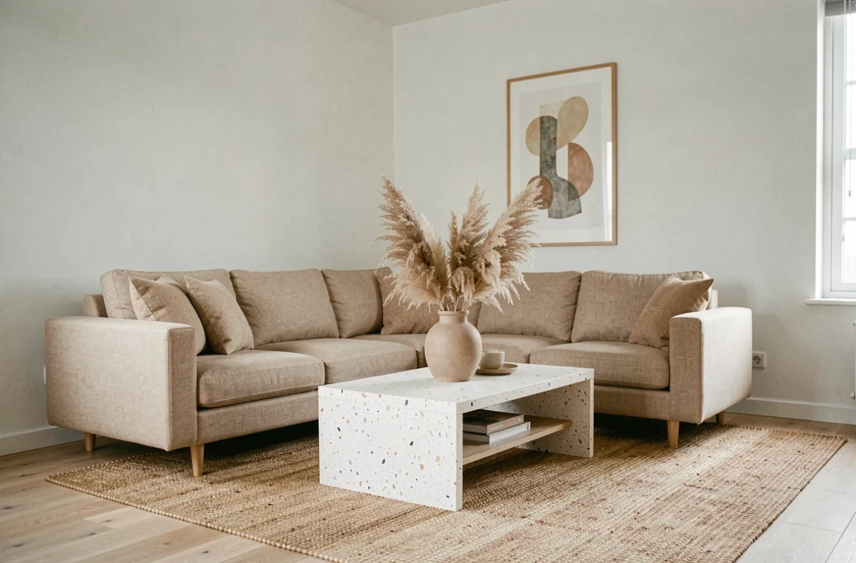 Salon scandinave moderne décoré selon les dernières tendances avec canapé en lin, table en terrazzo et herbes de pampas séchées