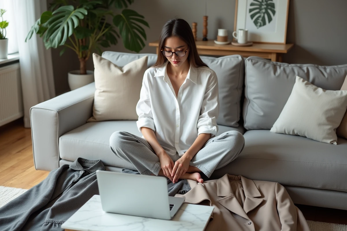 Femme assise entourée de vêtements tendance Shein et Zara pour comparer les dupes mode sur ordinateur