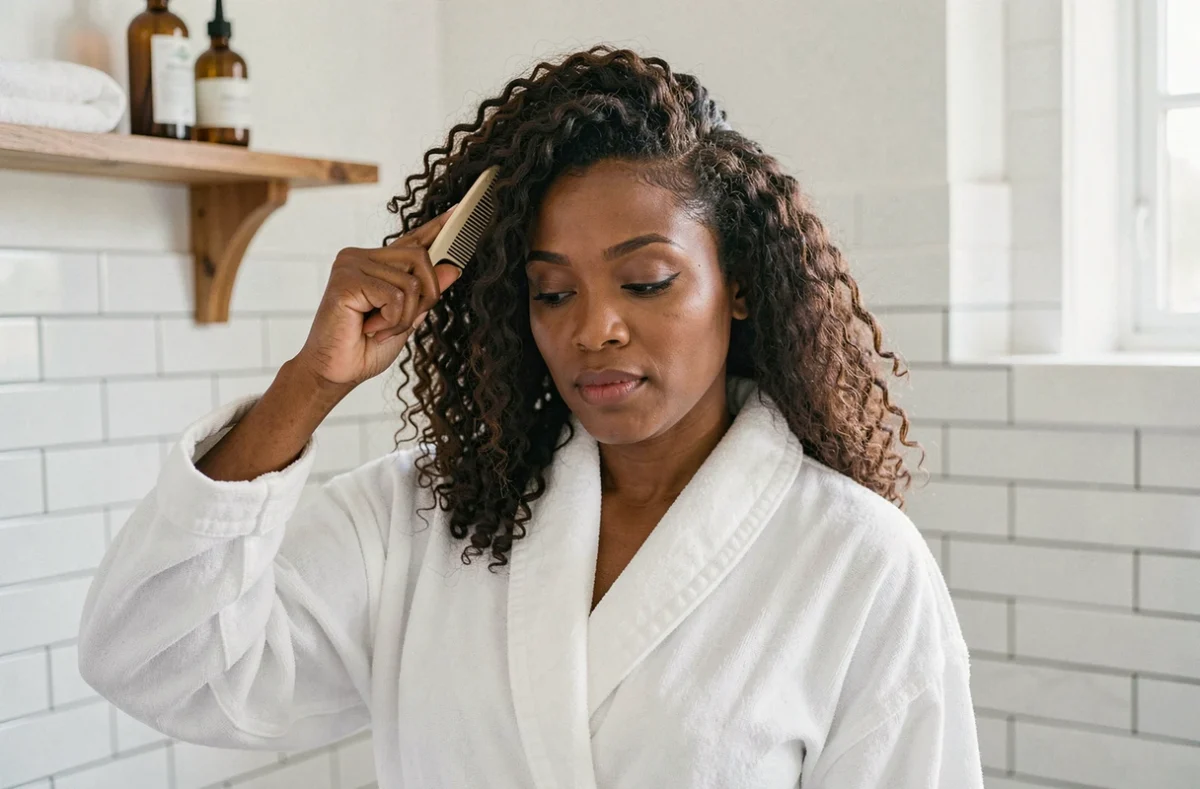 Femme noire aux cheveux crépus se démêlant doucement les cheveux avec un peigne à larges dents dans une salle de bain moderne