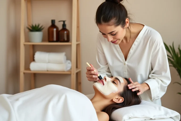 Esthéticienne sans CAP réalisant un soin du visage avec masque sur une cliente dans un studio de beauté à domicile