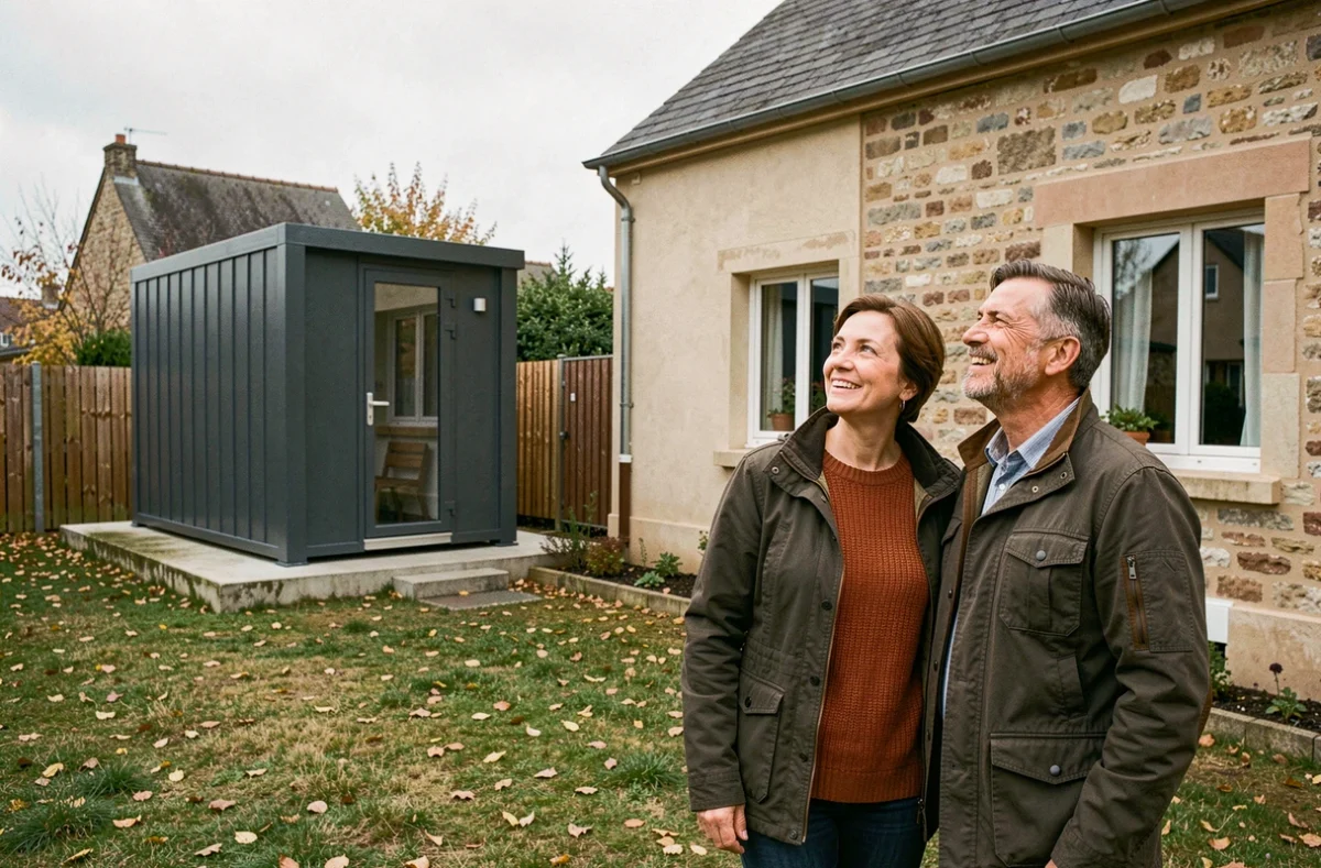 Couple observant un studio de jardin préfabriqué installé sans permis de construire dans un jardin résidentiel