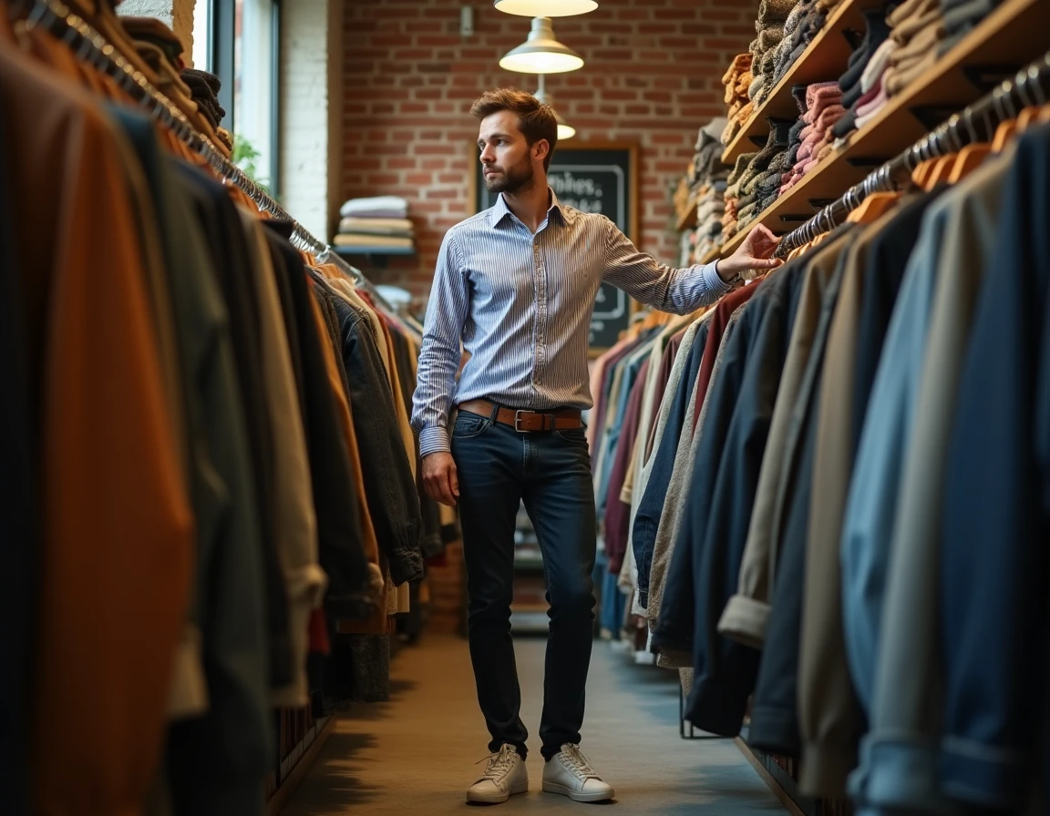 Homme explorant des vêtements vintage dans une boutique de seconde main pour exprimer sa personnalité vestimentaire