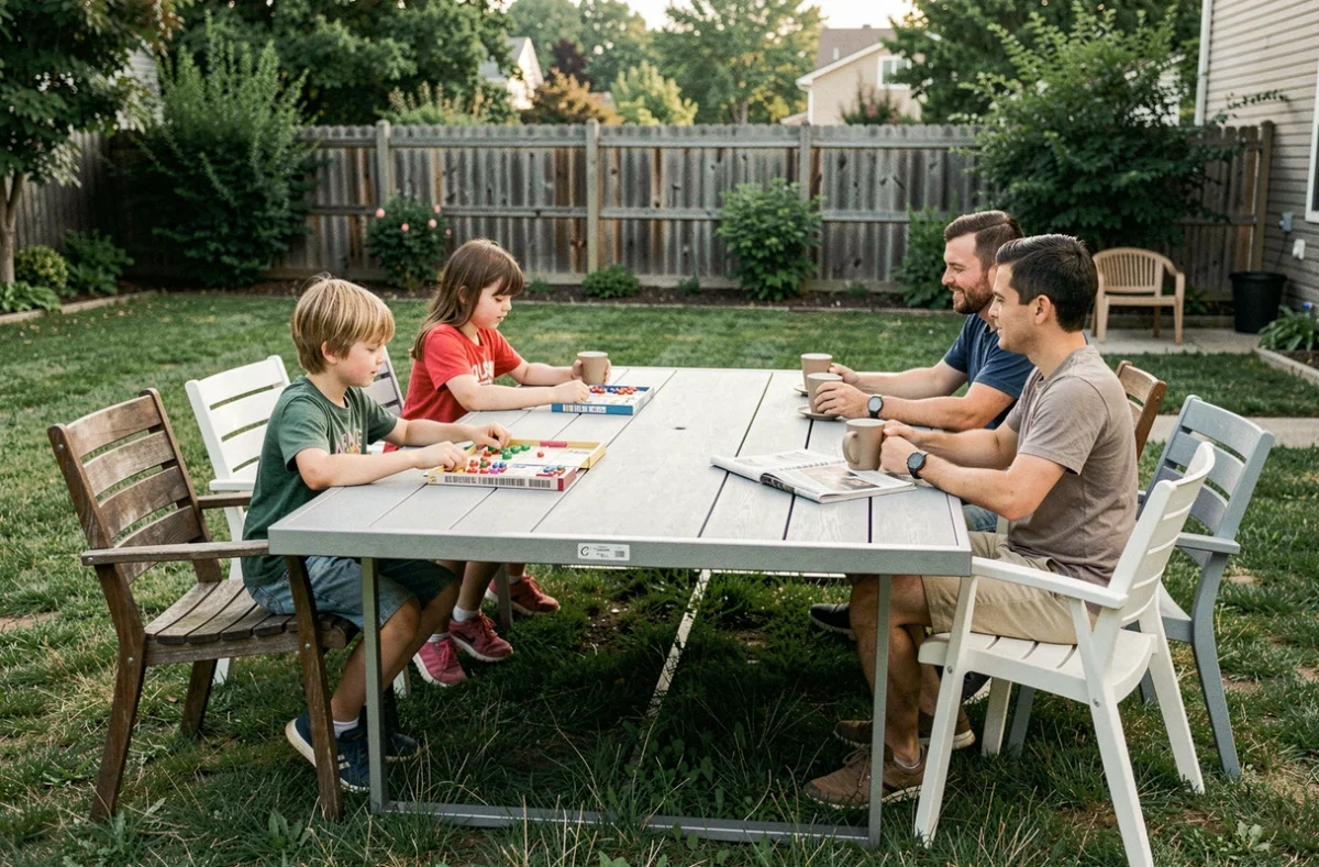 Table de jardin extensible en résine grise occupée par une grande famille dans un jardin verdoyant