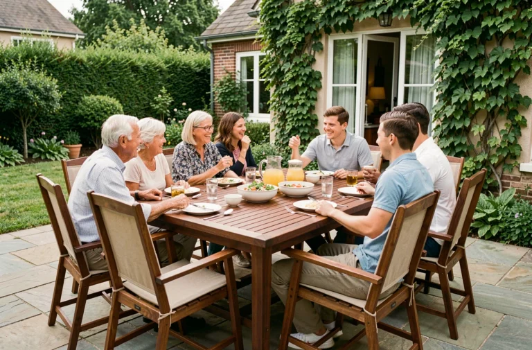 Grande famille réunie autour d'une table de jardin en bois teck rectangulaire sur une terrasse en pierre