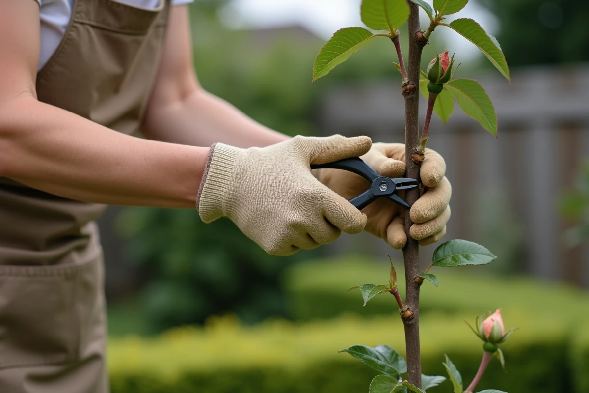 Jardinière taillant un rosier juste au-dessus d'un œil de rosier avec un sécateur
