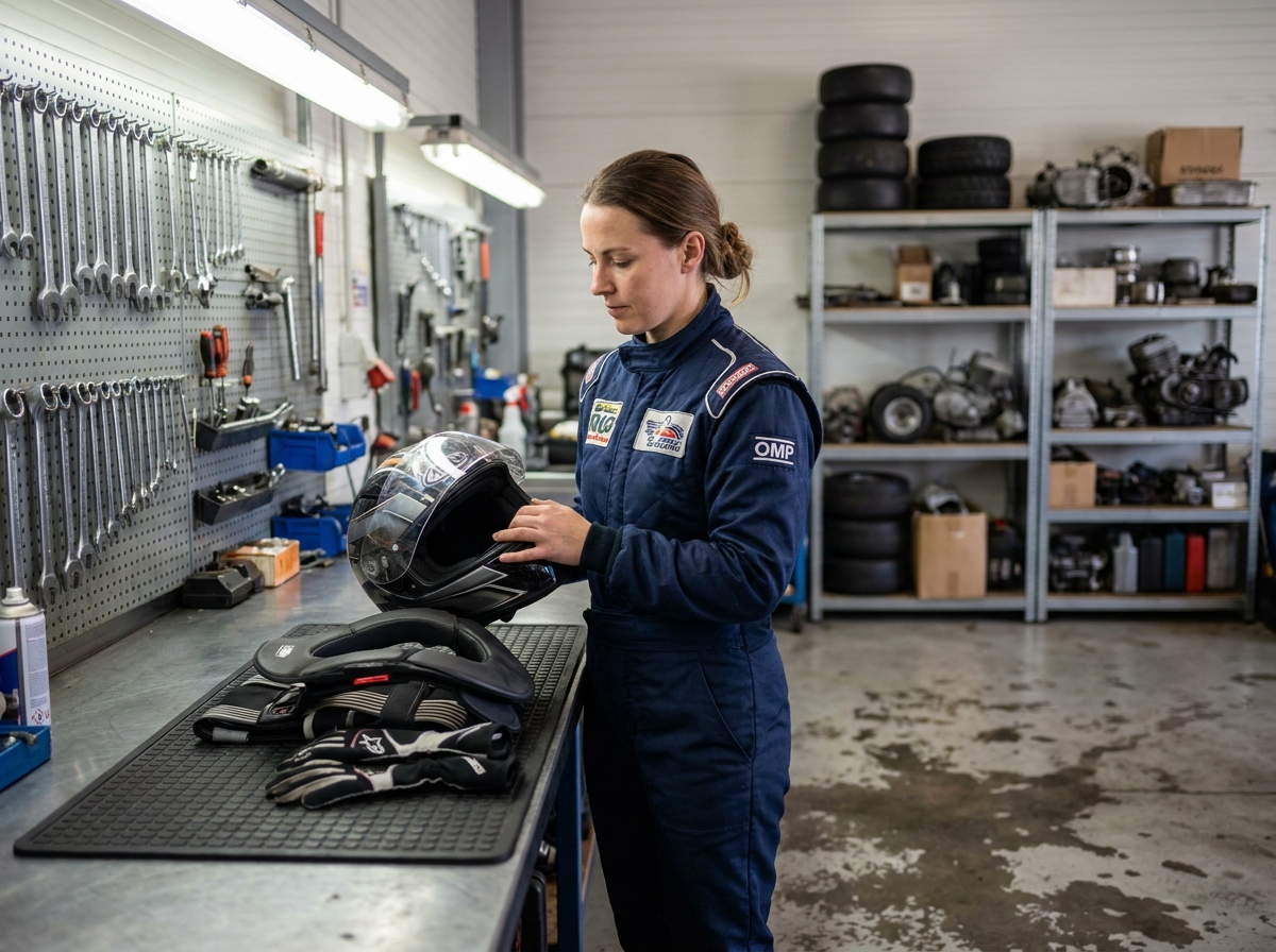 Femme karting vérifiant son équipement de sécurité complet sur un établi d'atelier avant la saison