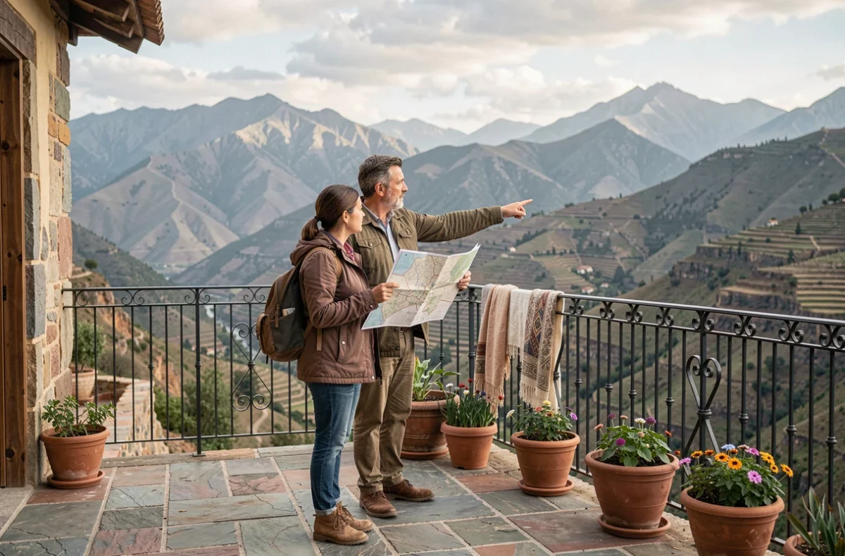 Couple de voyageurs consultant une carte d'hébergements locaux sur la terrasse d'une guesthouse avec vue sur la montagne